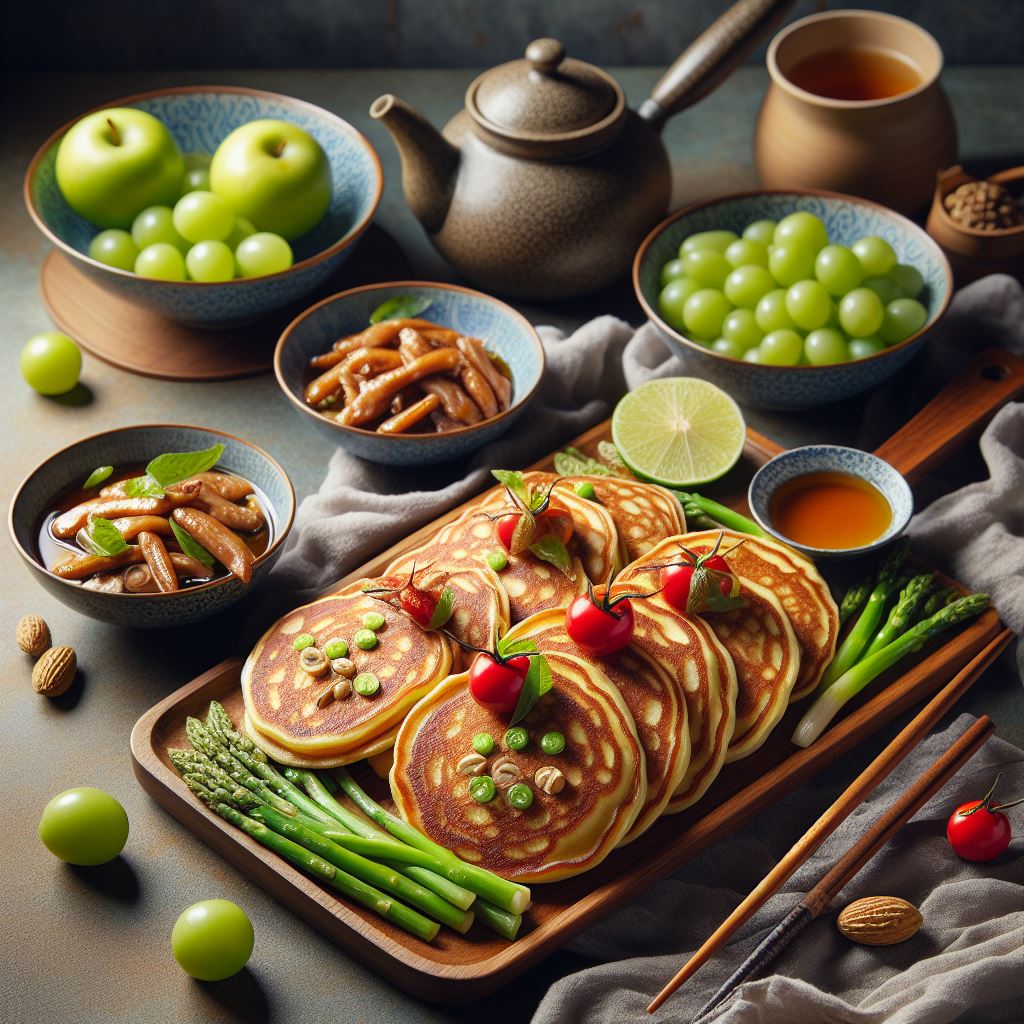 A photo of a plate of delectable duck pancakes, featuring thin, crispy wrappers and a medley of savory ingredients.