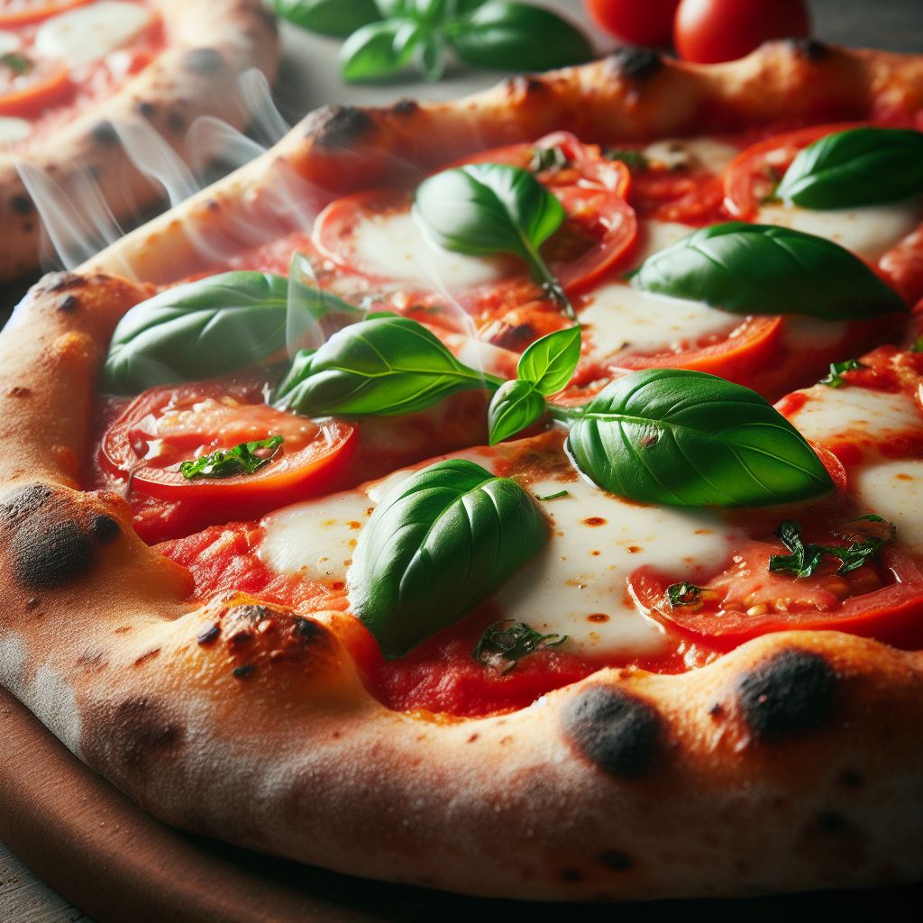 A photo of a Neapolitan pizza with a perfectly thin and crispy crust, topped with fresh mozzarella cheese, San Marzano tomato sauce, and fresh basil leaves.