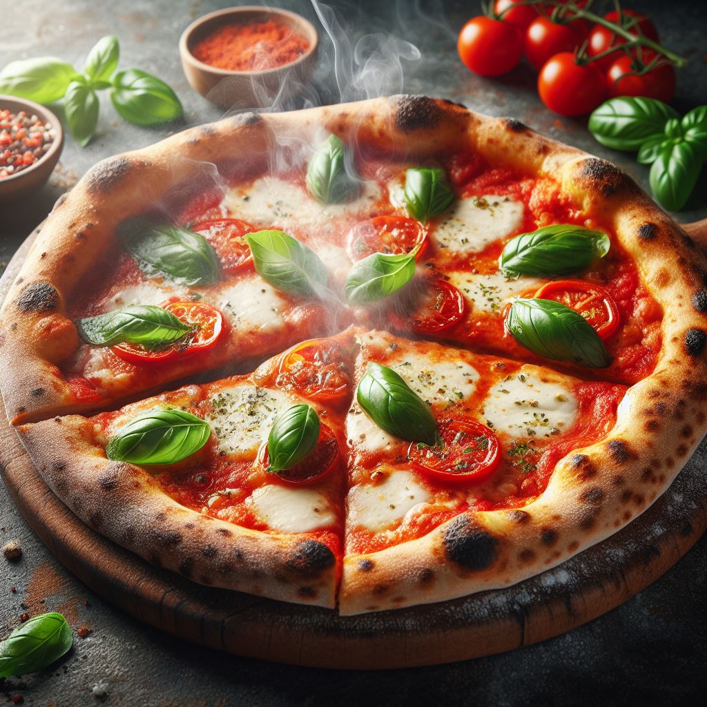 A photo of a Neapolitan pizza with a perfectly thin and crispy crust, topped with fresh mozzarella cheese, San Marzano tomato sauce, and fresh basil leaves.