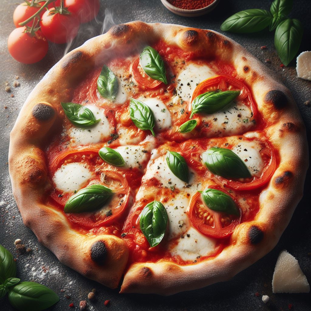 A photo of a Neapolitan pizza with a perfectly thin and crispy crust, topped with fresh mozzarella cheese, San Marzano tomato sauce, and fresh basil leaves.