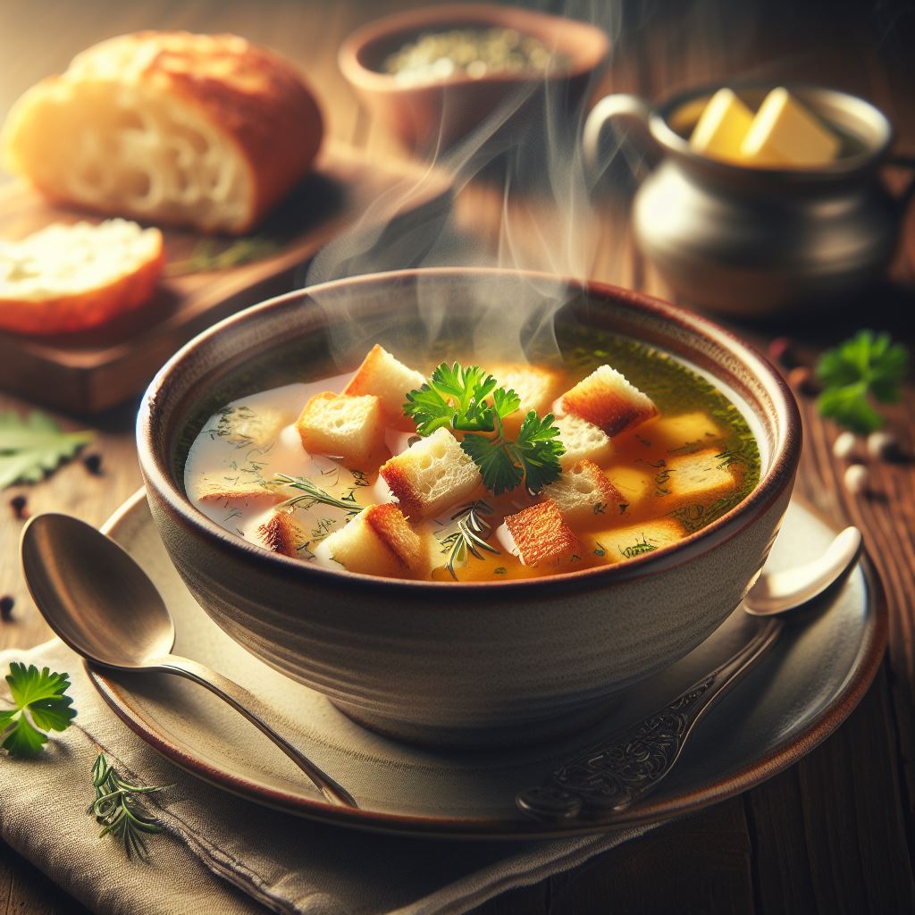 A close-up photo of a comforting bowl of homemade chicken soup, garnished with croutons and fresh herbs.