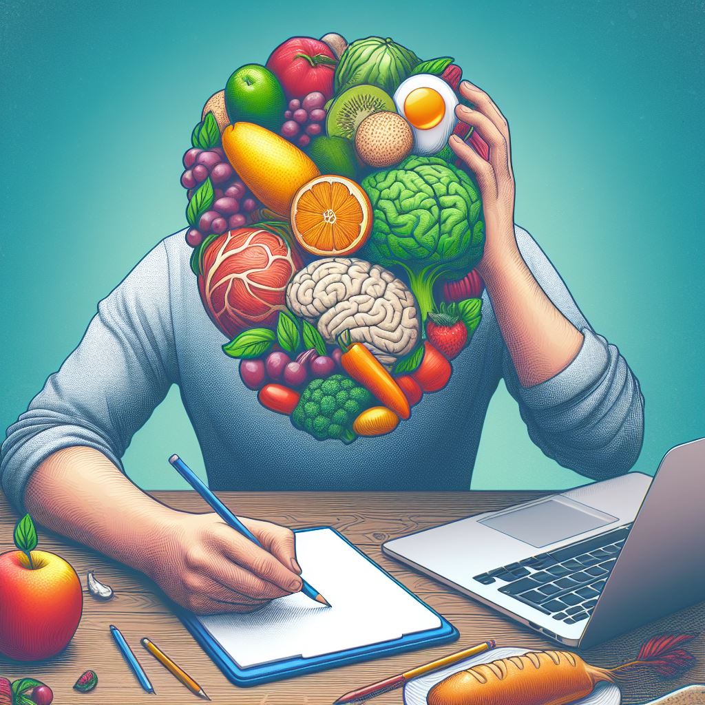 A colorful plate of nutritious food, including vibrant fruits, vegetables, whole grains, and lean proteins, symbolizing the connection between food and mental health.