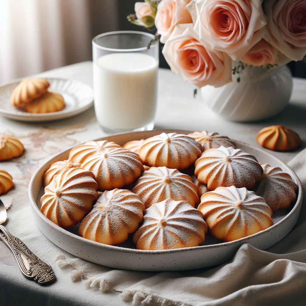 A tempting close-up of a homemade cookie, showcasing its soft texture and sprinkled powdered sugar.
