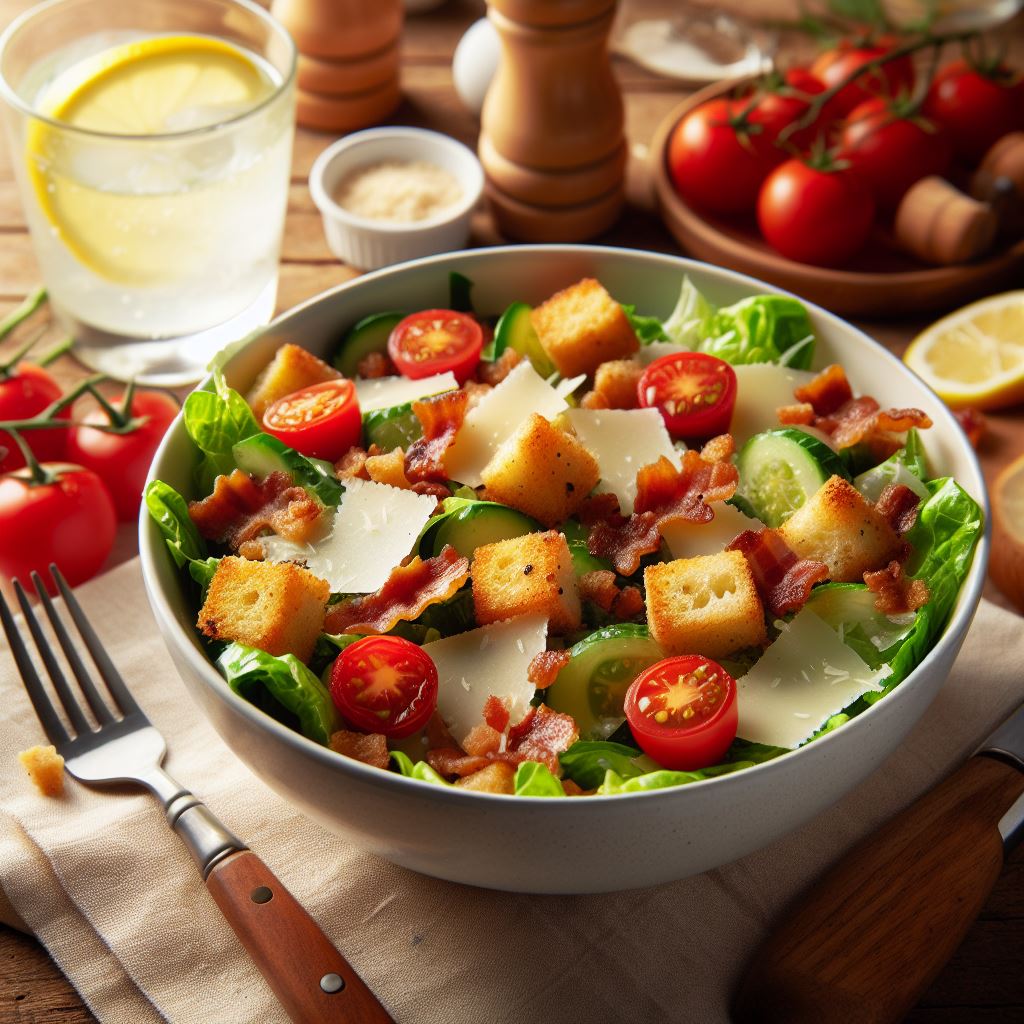 A close-up photo of a Caesar salad with a digital, AI-generated design element incorporated into the composition.