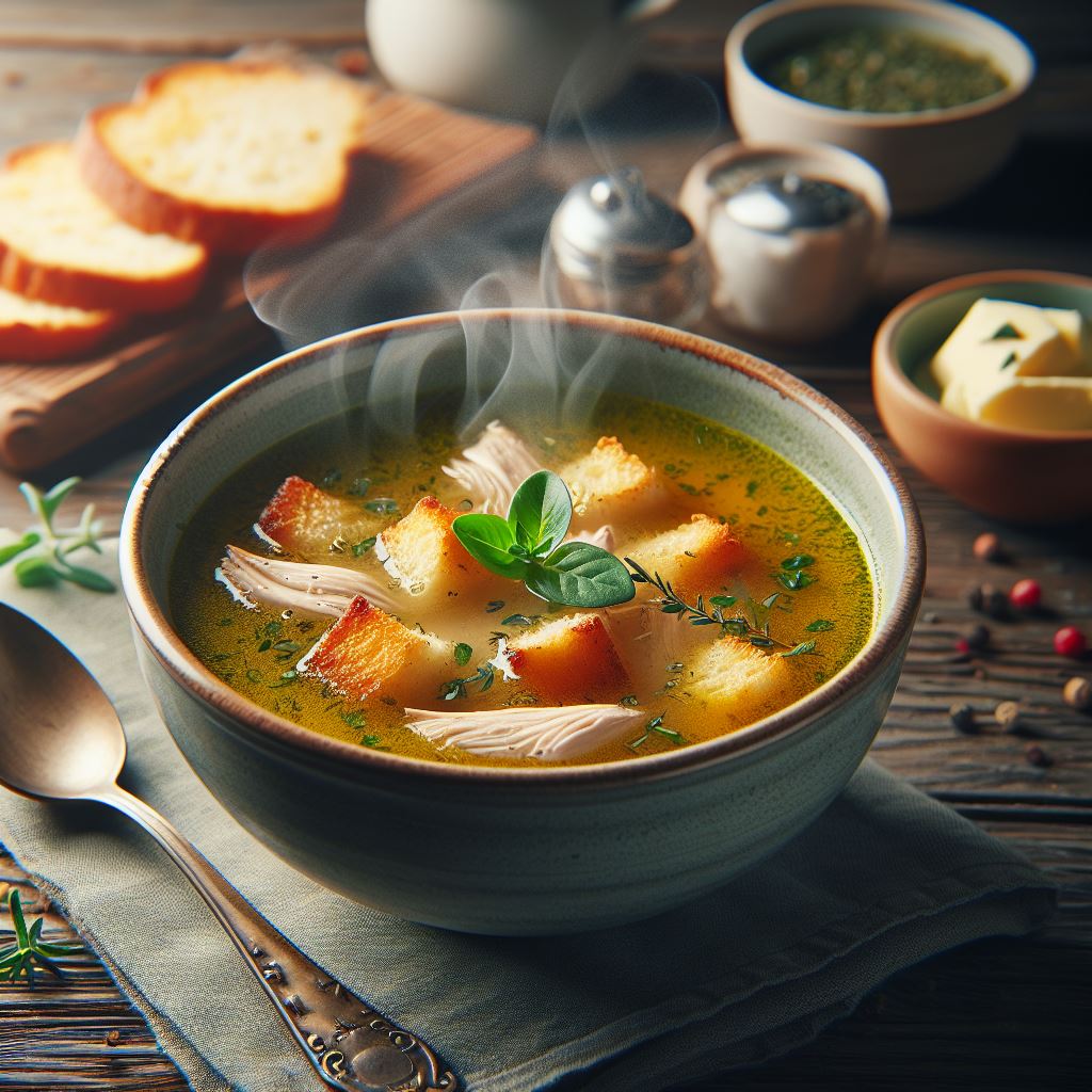 A close-up photo of a comforting bowl of homemade chicken soup, garnished with croutons and fresh herbs.
