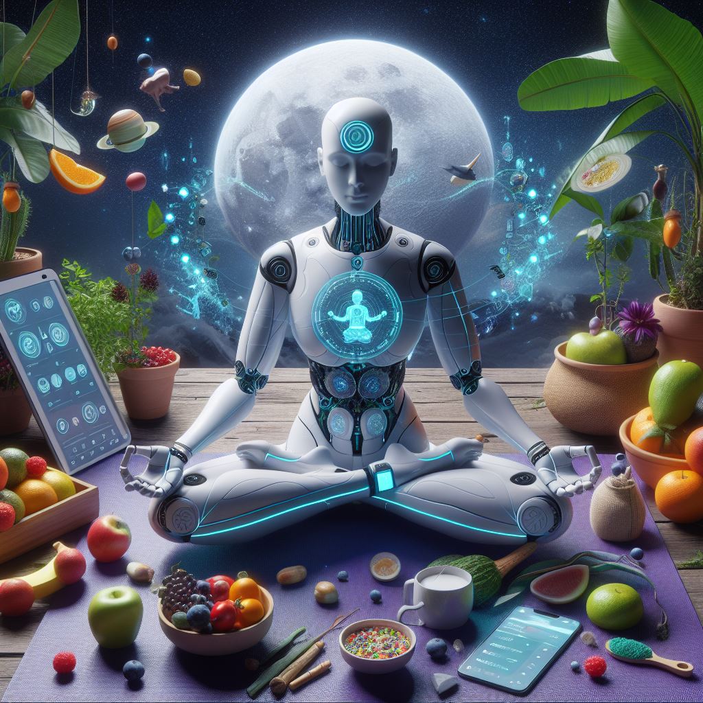 A robotic figure meditating on a yoga mat, with healthy food nearby.