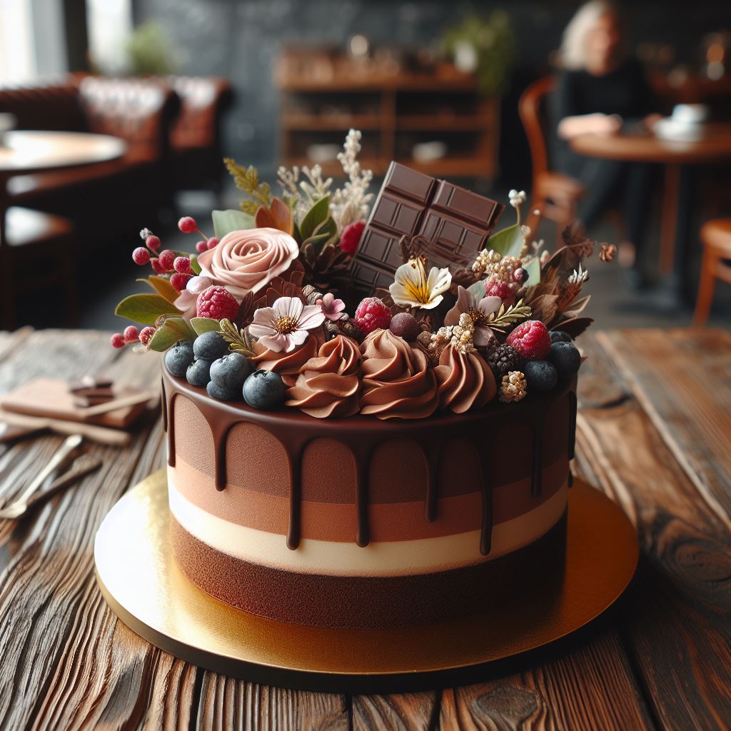 A decadent chocolate cake topped with rich chocolate ganache and fresh strawberries.