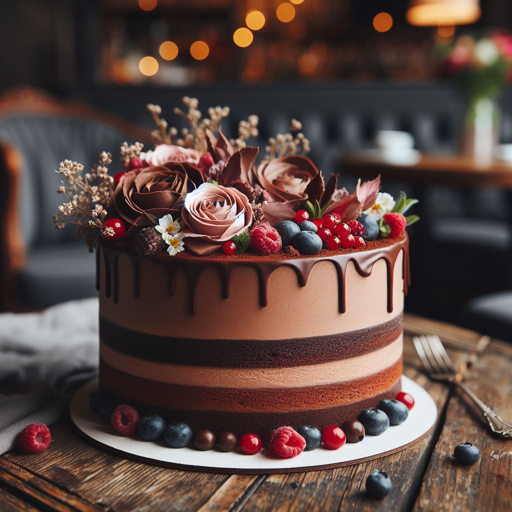 A decadent chocolate cake topped with rich chocolate ganache and fresh strawberries.