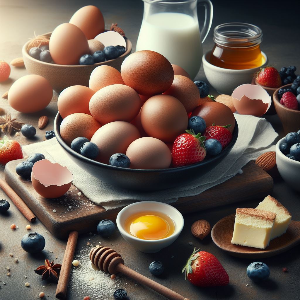 Close-up of a cracked egg with a clear egg white and golden yolk, representing egg protein content.