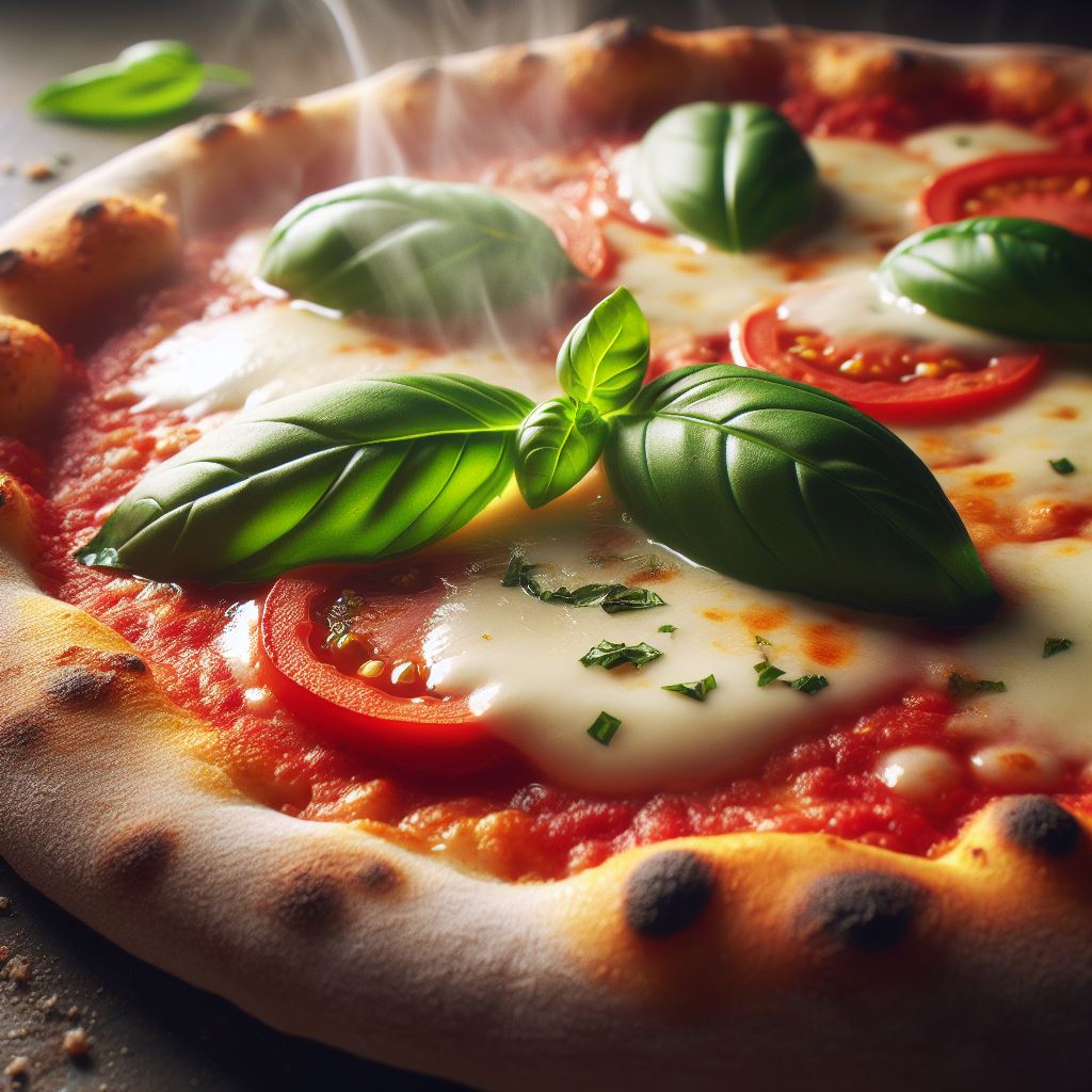 A photo of a Neapolitan pizza with a perfectly thin and crispy crust, topped with fresh mozzarella cheese, San Marzano tomato sauce, and fresh basil leaves.