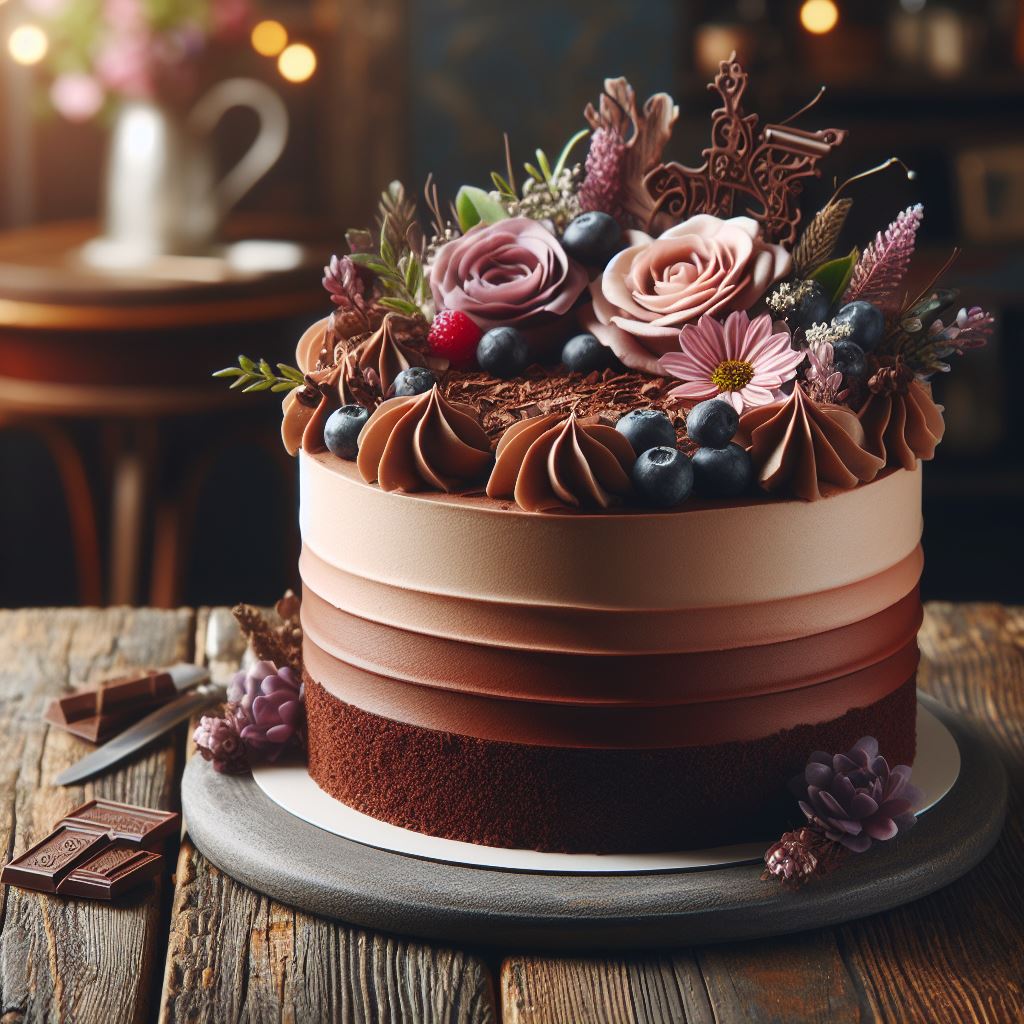 A decadent chocolate cake topped with rich chocolate ganache and fresh strawberries.