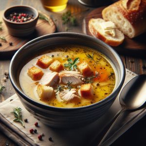 A steaming bowl of chicken soup with golden broth, tender chunks of chicken, fluffy croutons, and fresh herbs.