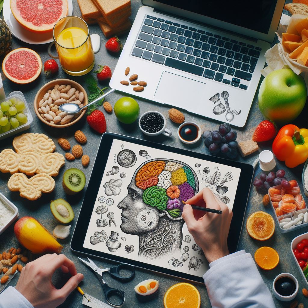 A colorful plate of nutritious food, including vibrant fruits, vegetables, whole grains, and lean proteins, symbolizing the connection between food and mental health.