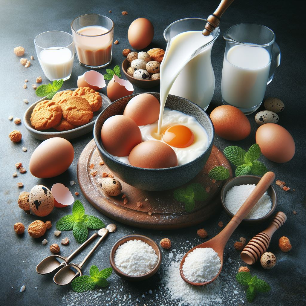 Close-up of a cracked egg with a clear egg white and golden yolk, representing egg protein content.