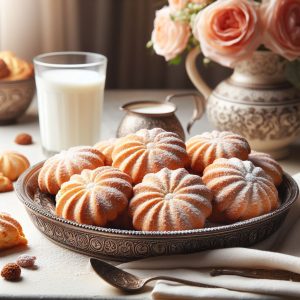 A close-up photo of a delicious homemade cookie with powdered sugar, on a plate next to a glass of milk.